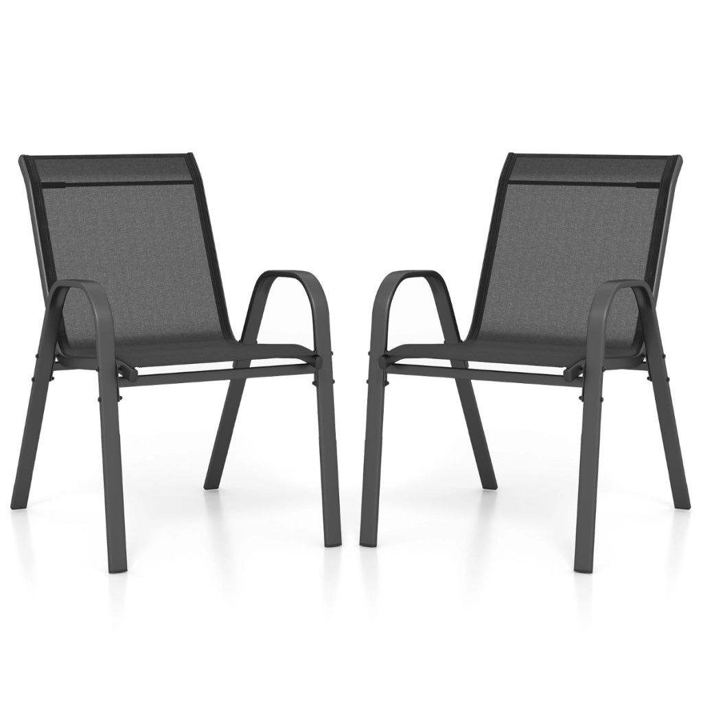 Set di 2 sedie da patio impilabili in metallo con braccioli, Sedie da pranzo in tessuto traspirante Nero-Sedie da esterno