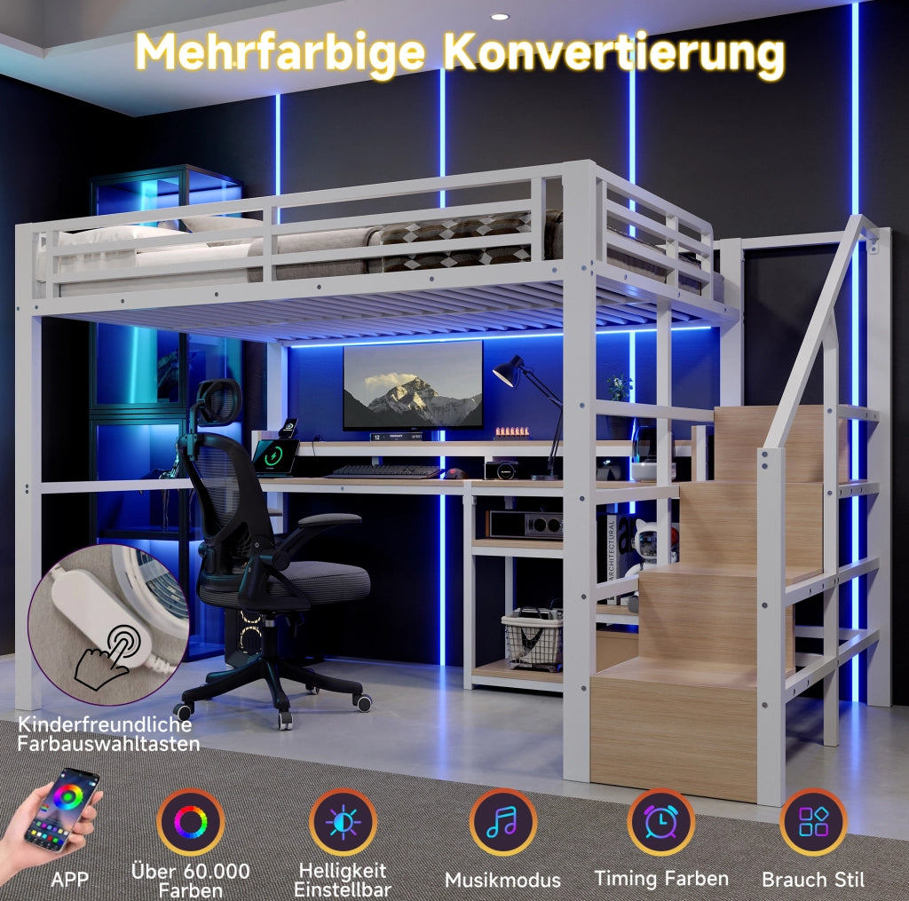 Letto a soppalco 140x200 cm in metallo e MDF; con scala armadio; LED e porte USB; bianco