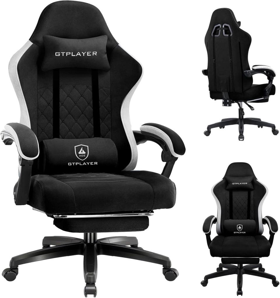 Sedia da gaming, ergonomica, da scrivania, con superficie in tessuto, cuscino a molla, braccioli di collegamento e poggiapiedi, nero scuro