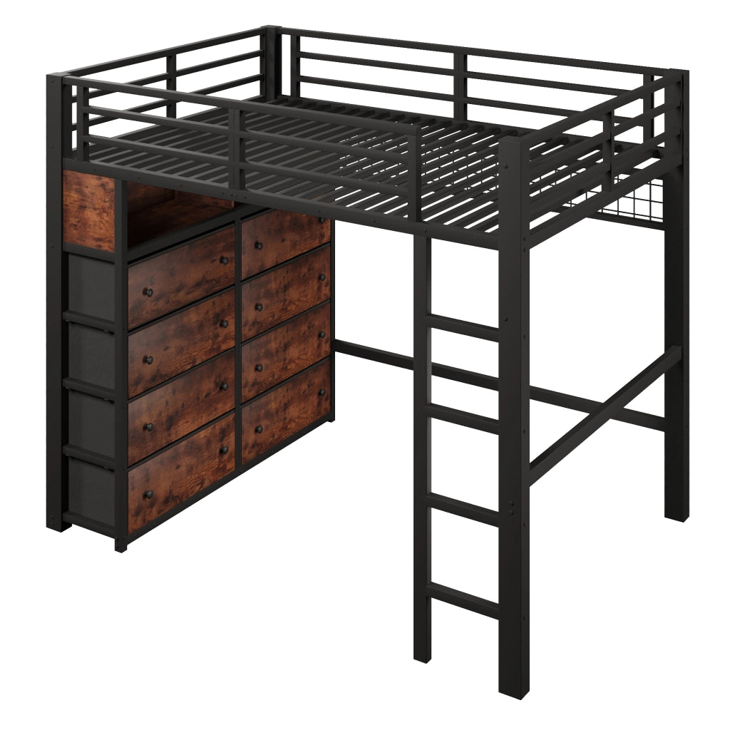 Letto alto 140x200 cm in metallo e MDF nero con 8 cassetti; LED e scala integrata