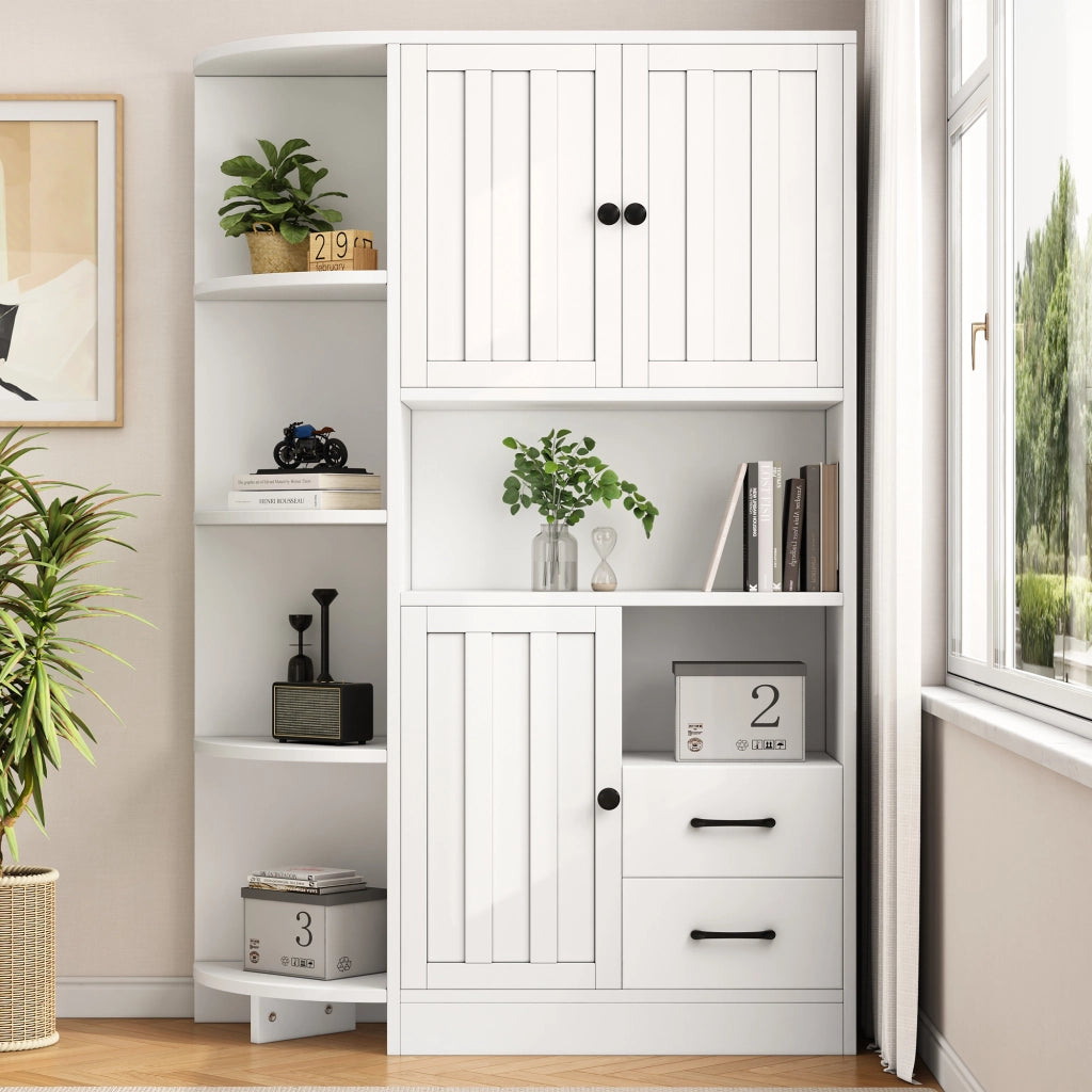 Libreria ad angolo con 3 ante 2 cassetti 6 vani aperti e ripiani regolabili per soggiorno in pannello truciolare 104 × 35 × 155 cm bianco