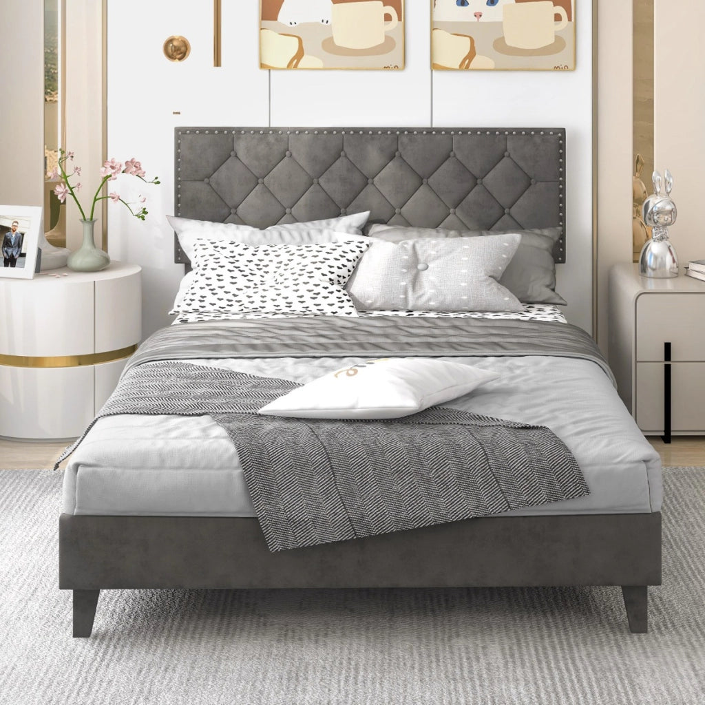 Letto a piattaforma imbottito con testiera bottoni doghe in legno-Struttura letto moderno Grigio 207,5x160x105,5/114cm