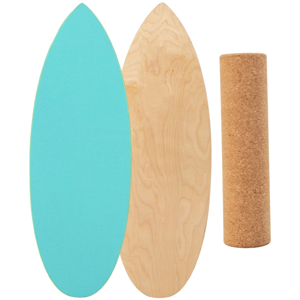 Tavola oscillante realizzata in legno di betulla e sughero, Balance board con rullo e copertura antiscivolo Blu-Barre per flessioni