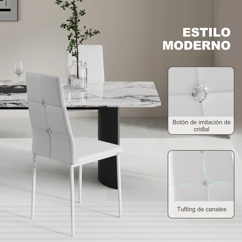 Set di 6 Sedie da Pranzo Imbottite ¨C Zephmum ¨C PU Bianco Schienale Alto con Bottoni Gambe in Acciaio