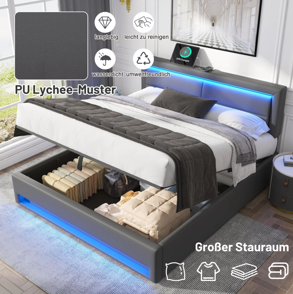 Letto imbottito 160x200 cm con LED, USB e contenitore grigio