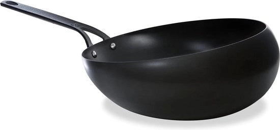 Wok in Acciaio di Carbonio da 30cm - Speciale Piastra - Pre-Condizionata - Resistente al Forno e al Forno - Duraturo e Professionale Nero