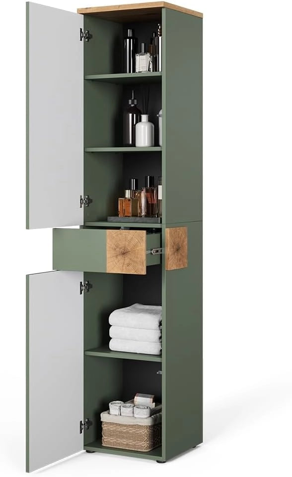 Armadio per il bagno Eden, Verde, 40 x 184.2 cm con 2 ante e 1 cassetto, ampio spazio per gli utensili da bagno