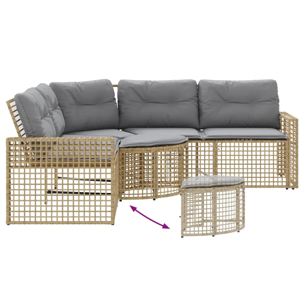 Divano da Giardino a L con Cuscini e Pouf Beige in Polyrattan
