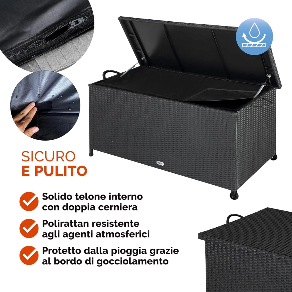 ® Baule da Esterno XXL 117x53x60cm 270L Box con Ruote Impermeabile Resistente Cassettone Contenitore Cuscini Giocatoli Mobili Giardino Bauli