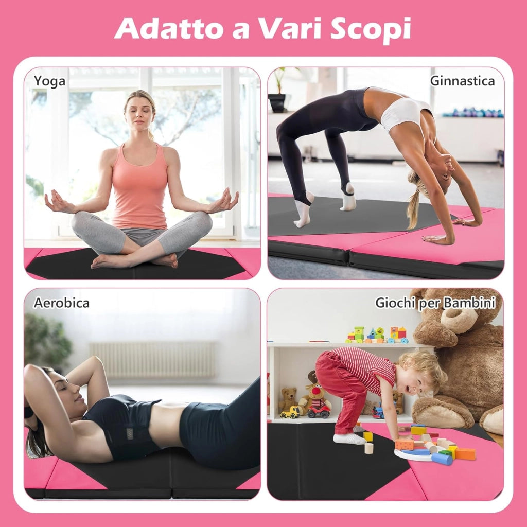 Tappetino Ginnastica Pieghevole 300 CM, Tappetino a 4 Pannelli in Similpelle con Gancio, Chiusure a Strappo e Maniglie per Ginnastica, Yoga e Allenamenti da Casa e Palestra