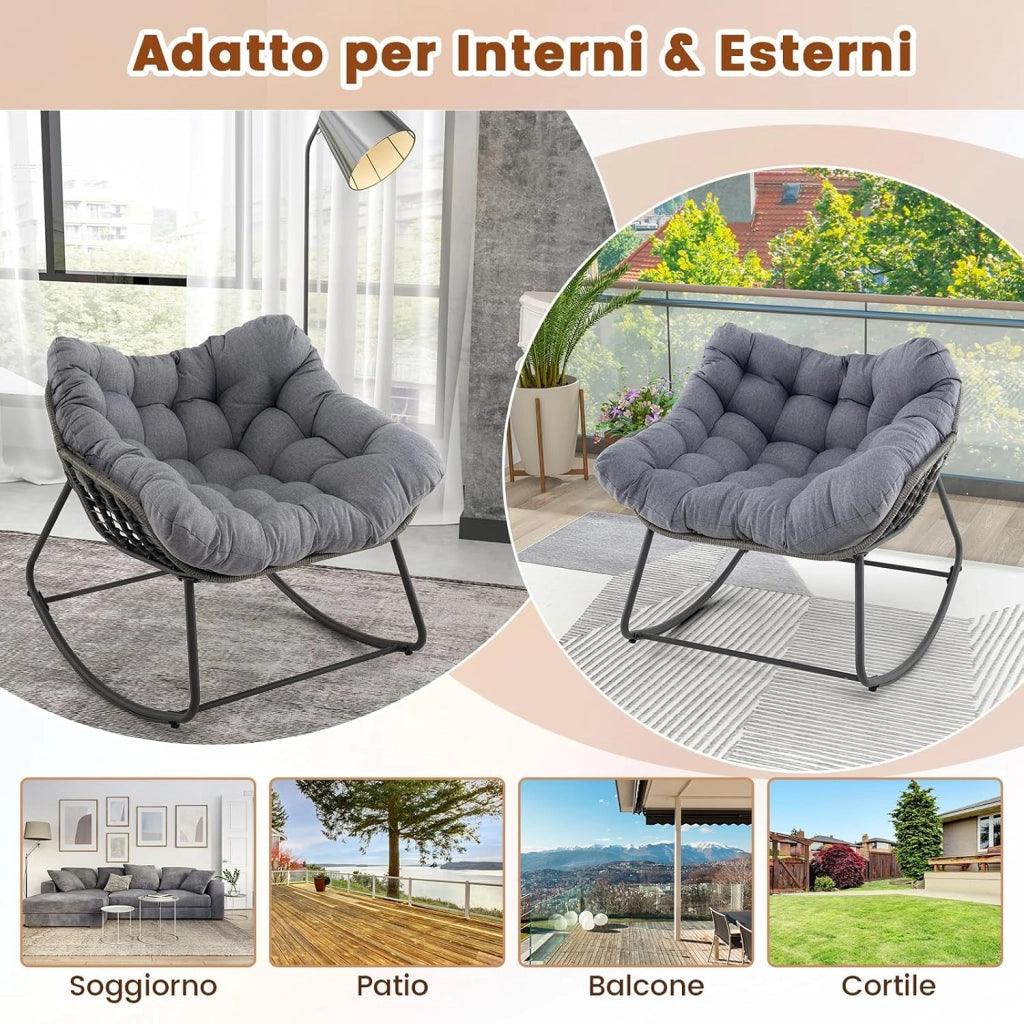 Sedia a Dondolo da Esterno, Poltrona in PE Vimini con Cuscino Rimovibile, Poltrona Relax in Rattan con Struttura in Metallo, per Soggiorno, Balcone, Giardino, Portata 150 kg (Grigio)
