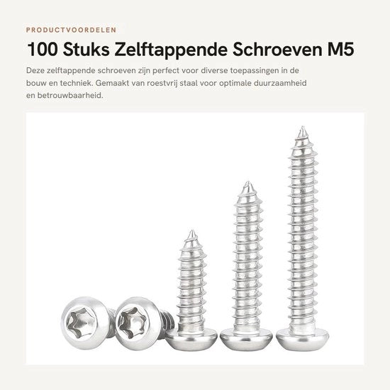Viti Autoalimentanti 100 pezzi - M5 x 12 mm - Viti Torx con Viso - Viti a Testa Rotonda - In Acciaio Inossidabile - Buona Tenuta