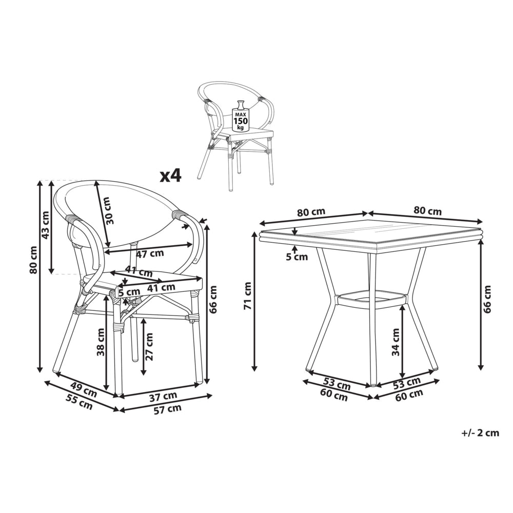Set da pranzo da giardino a 4 posti in rattan marrone scuro e alluminio Bianco e nero struttura in alluminio