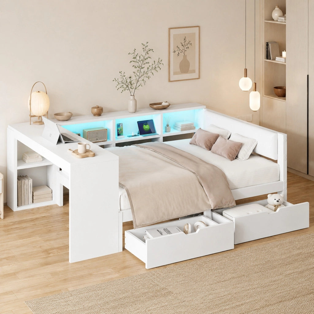 Letto piattaforma 140x200 cm con testiera imbottita; ripiani; cassetti; LED e stazione di ricarica; bianco