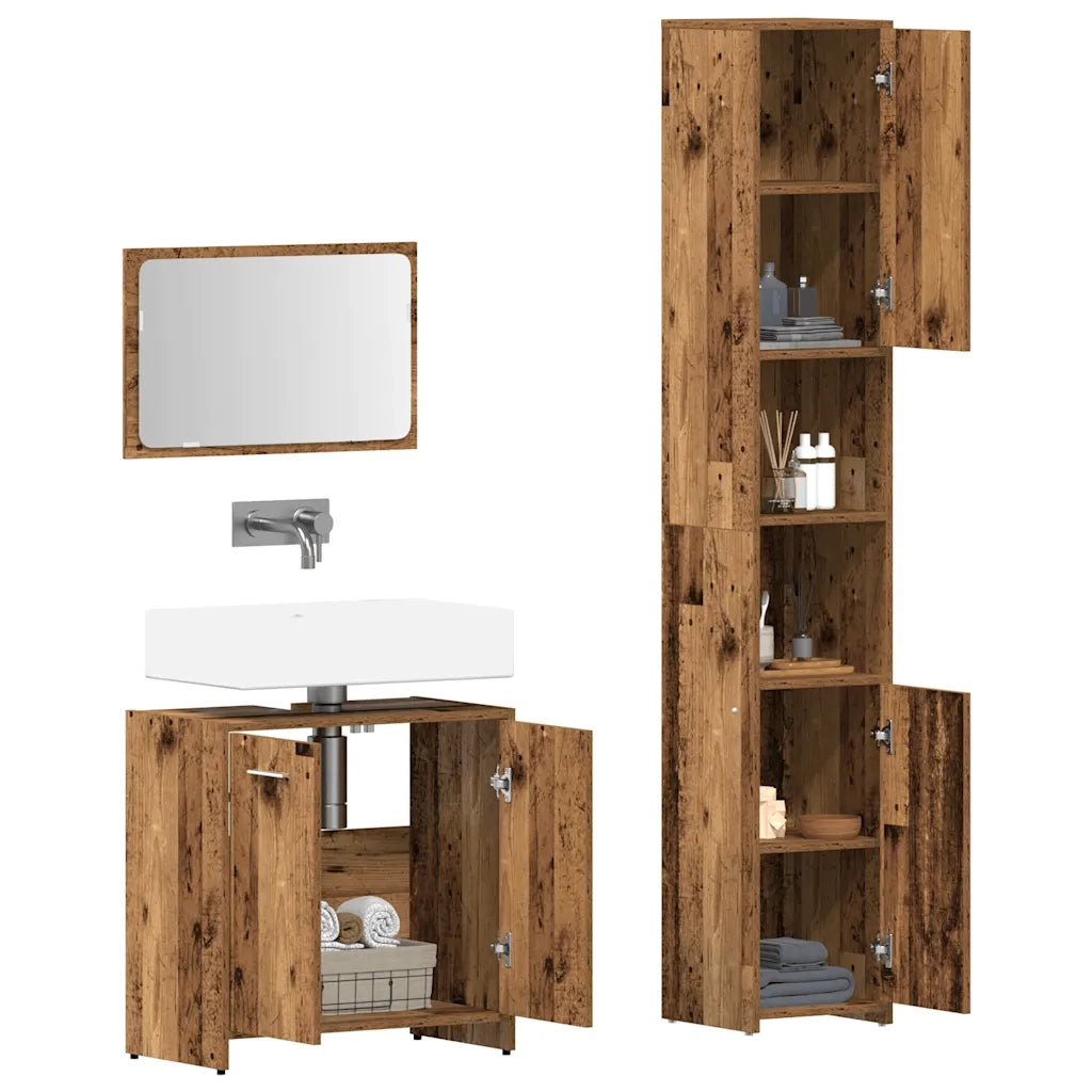 Set Mobili da Bagno 3 pz Legno Antico in Legno Multistrato