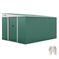 Casetta da Giardino con Porta Scorrevole, in Acciaio, 345x280.5x169-201cm, Verde