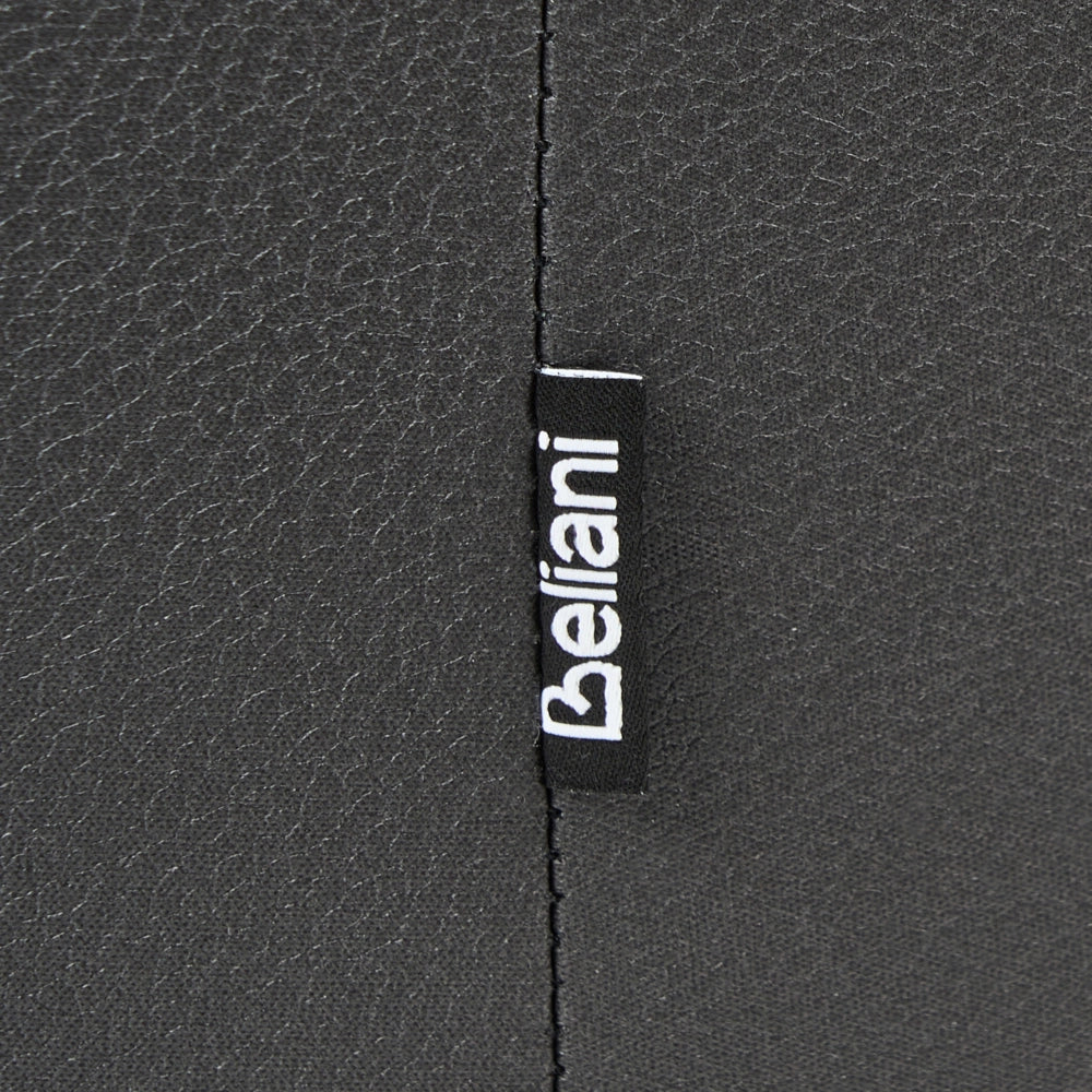 Poltrona girevole in ecopelle nero, base singola, con seduta imbottita e cuciture decorative, stile moderno di metà secolo
