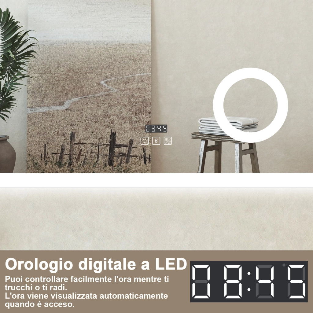 Specchio bagno Rettangolare 140x80cm Led Con 3 Luci + 3X Lente d'ingrandimento + Bluetooth + Orologio + Antiappannamento