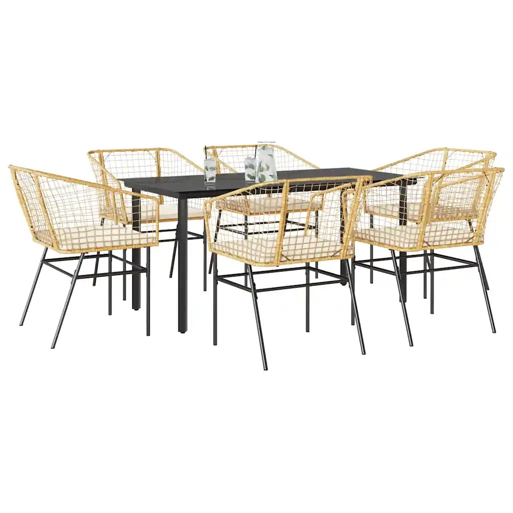 Set Pranzo da Giardino 7pz | Set Salotto da Giardino con Cuscini Marrone Polyrattan Vetro