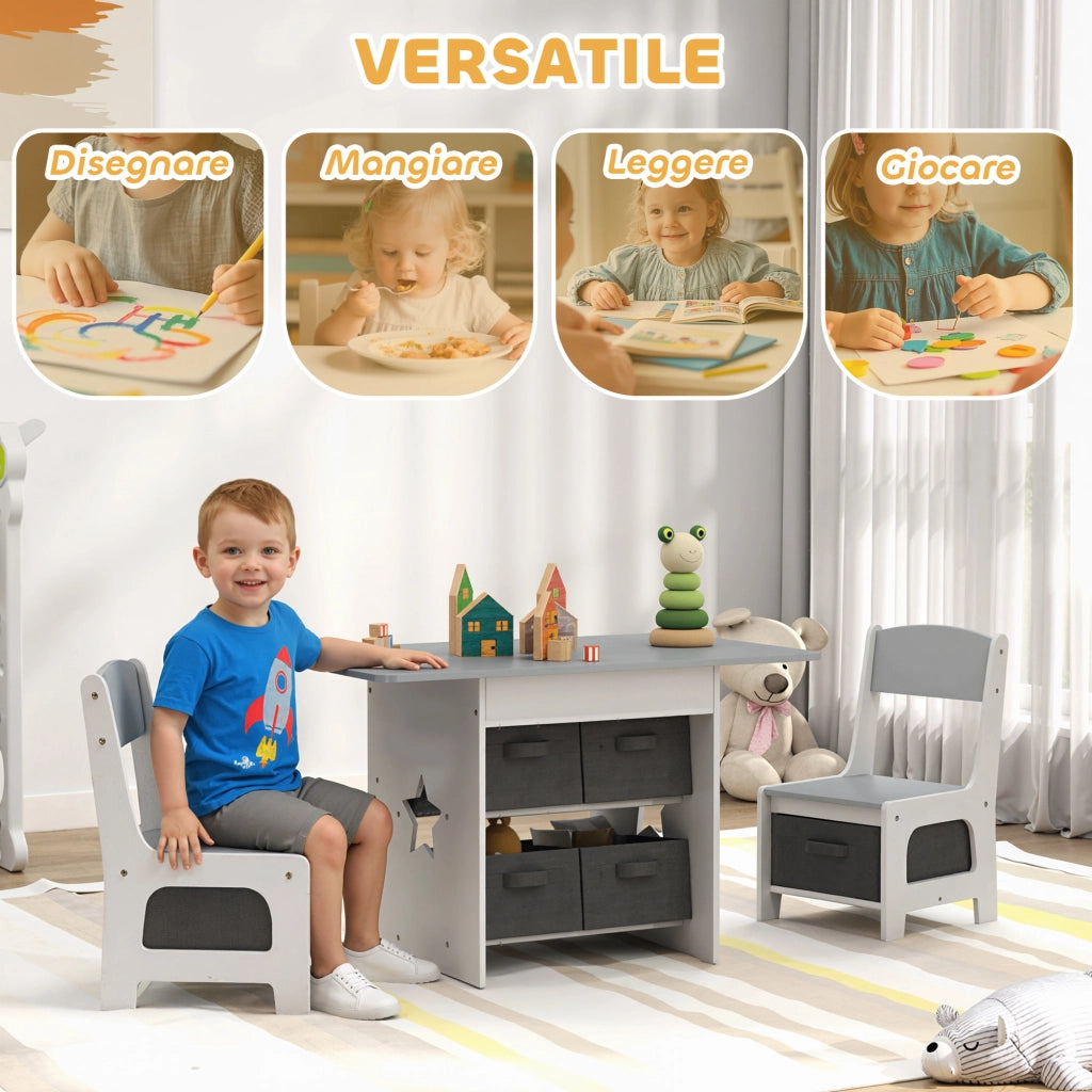 Set Tavolo e Sedie per Bambini 3-8 Anni con 6 Cassetti e Bordi Arrotondati. in Legno e Tessuto. Grigio e Bianco