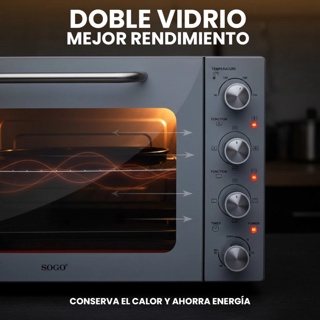 Forno elettrico ventilato 58L con girarrosto, 6 funzioni cottura, termostato 90-230°C, 2000W cucina - SOGO