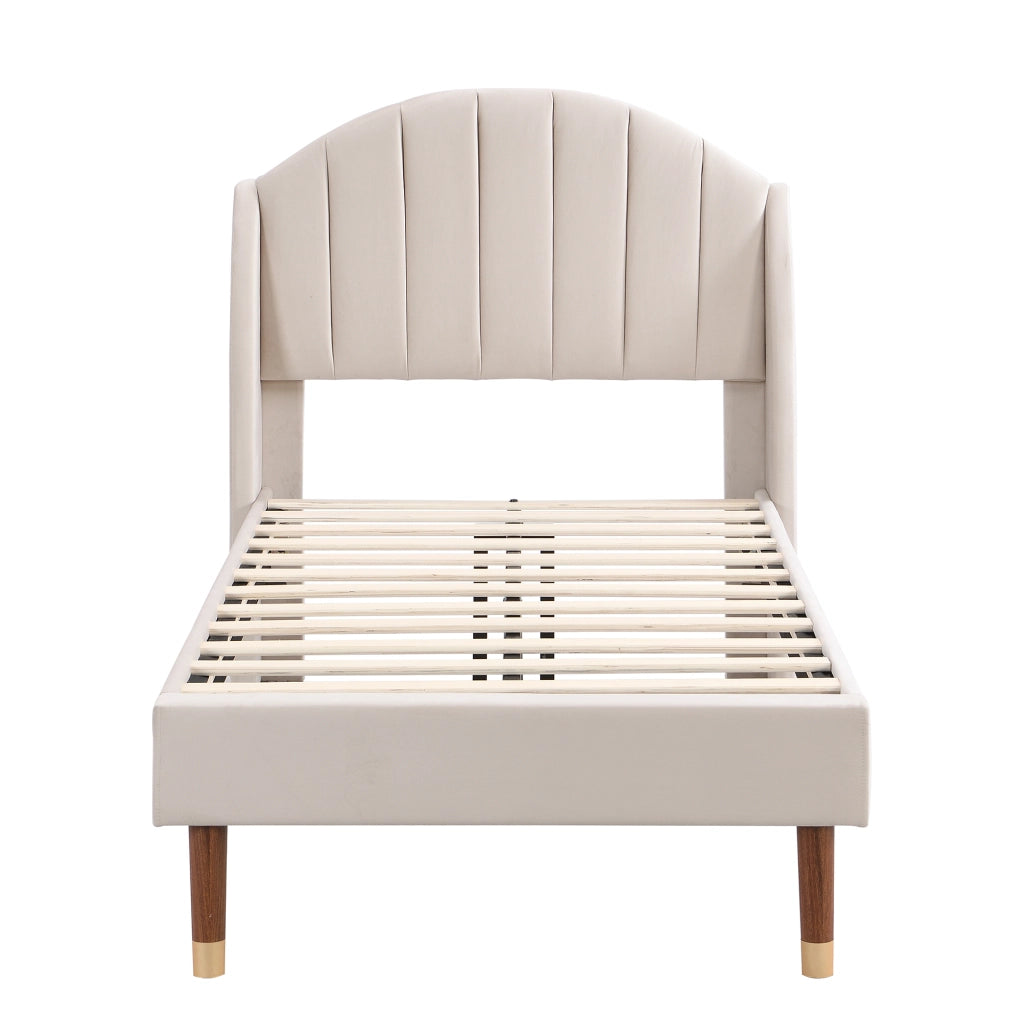Letto Singolo 90×200 cm; 1 Posto con Testiera Imbottita; senza Materasso; Velluto Beige