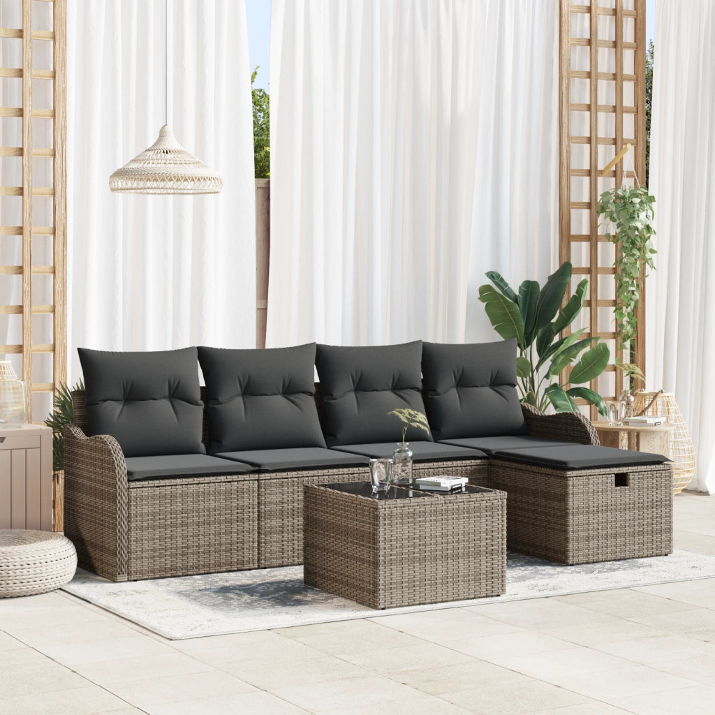 Set Divano da Giardino  6 Pezzi con Cuscini Grigio Rattan Sintetico