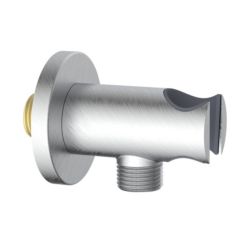 Presa acqua tonda con supporto doccino in ottone color acciaio spazzolato