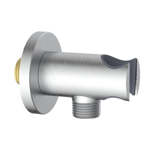 Presa acqua tonda con supporto doccino in ottone color acciaio spazzolato