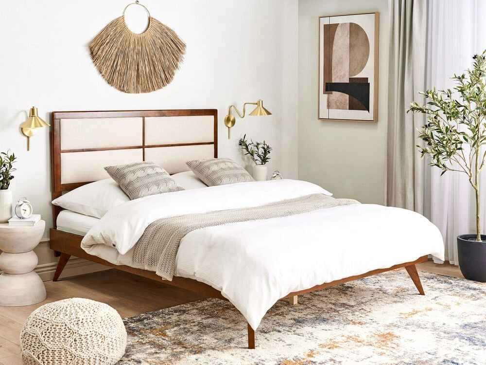 Letto 160 x 200 cm in legno di frassino scuro e MDF beige chiaro con rete a doghe e testiera imbottita dal design moderno