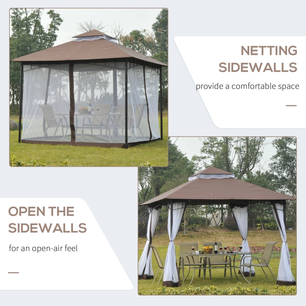 Gazebo da Giardino 3x3m con Zanzariera in Metallo e Poliestere Marrone e Bianco