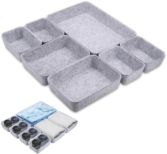 Set di 7 organizzatori di cassetto in velluto, sistema di classificazione di cassetto, cassetto di chiusura robusto, scatola di archiviazione in velluto, scatola in velluto flessibile per camera da letto, ufficio e tavolo da toeletta (grigio chiaro)