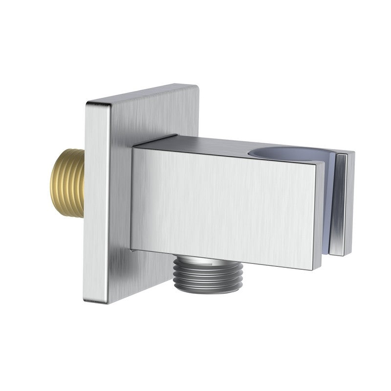 Presa acqua quadrata con supporto doccino in ottone color acciaio spazzolato