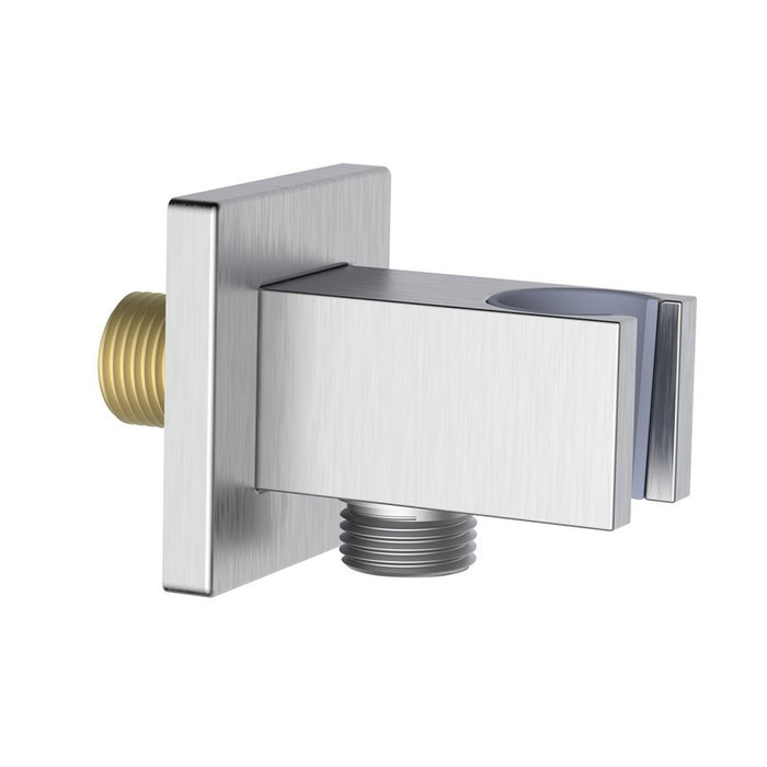 Presa acqua quadrata con supporto doccino in ottone color acciaio spazzolato