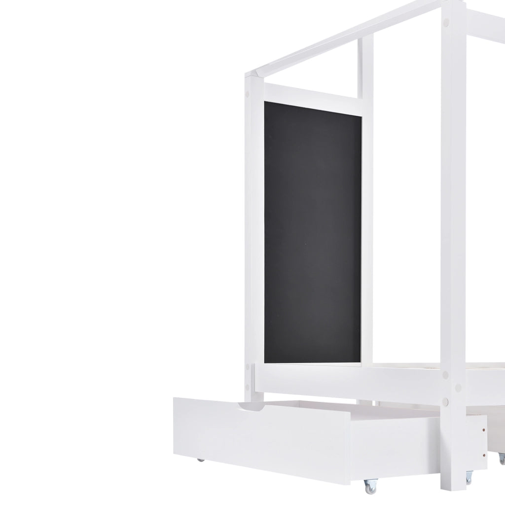 Letto a casetta 90x200 cm con lavagna e 2 cassetti; bianco