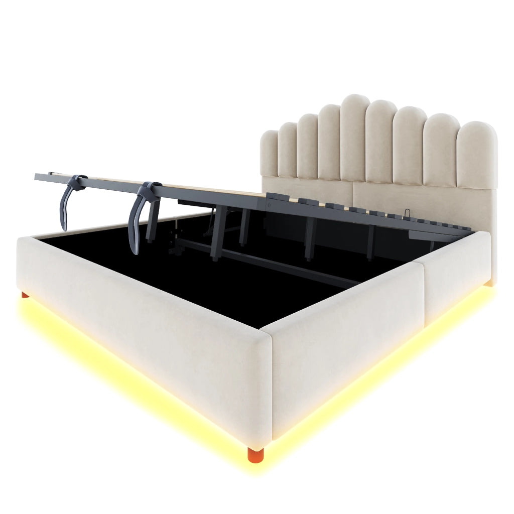 Letto imbottito 180x200 cm con contenitore idraulico, testiera trapuntata, LED e struttura in velluto beige