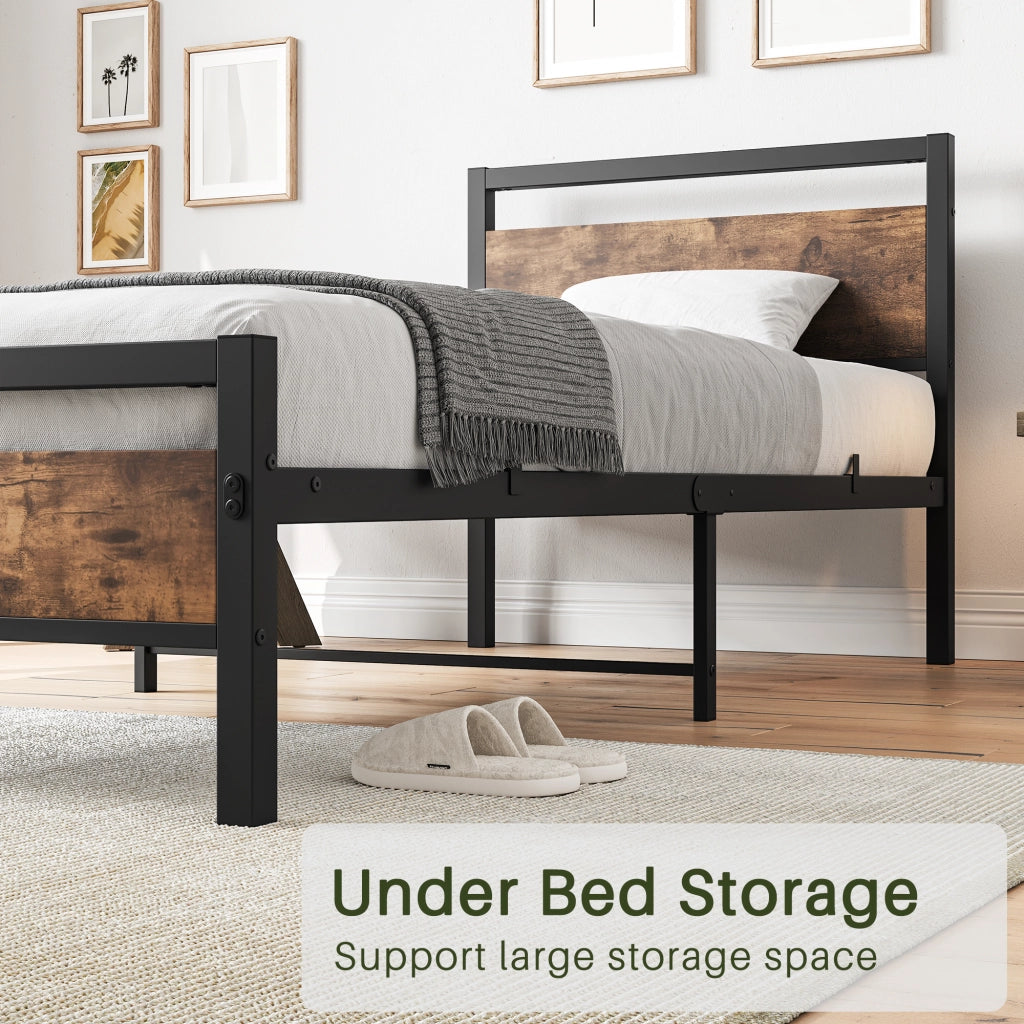 LETTO Singolo 90x200 cm in MDF e metallo con rete a doghe e vano sottoletto marrone