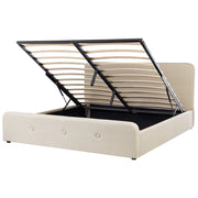 Letto a doghe Tessuto in poliestere beige Gambe in legno imbottite Pouf contenitore 180 x 200 cm Design moderno