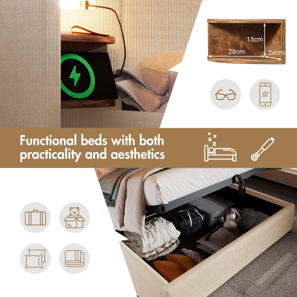 Letto Contenitore Letto Matrimoniale 160×200 cm con USB; Tipo C e Lampada da Lettura; senza Materasso