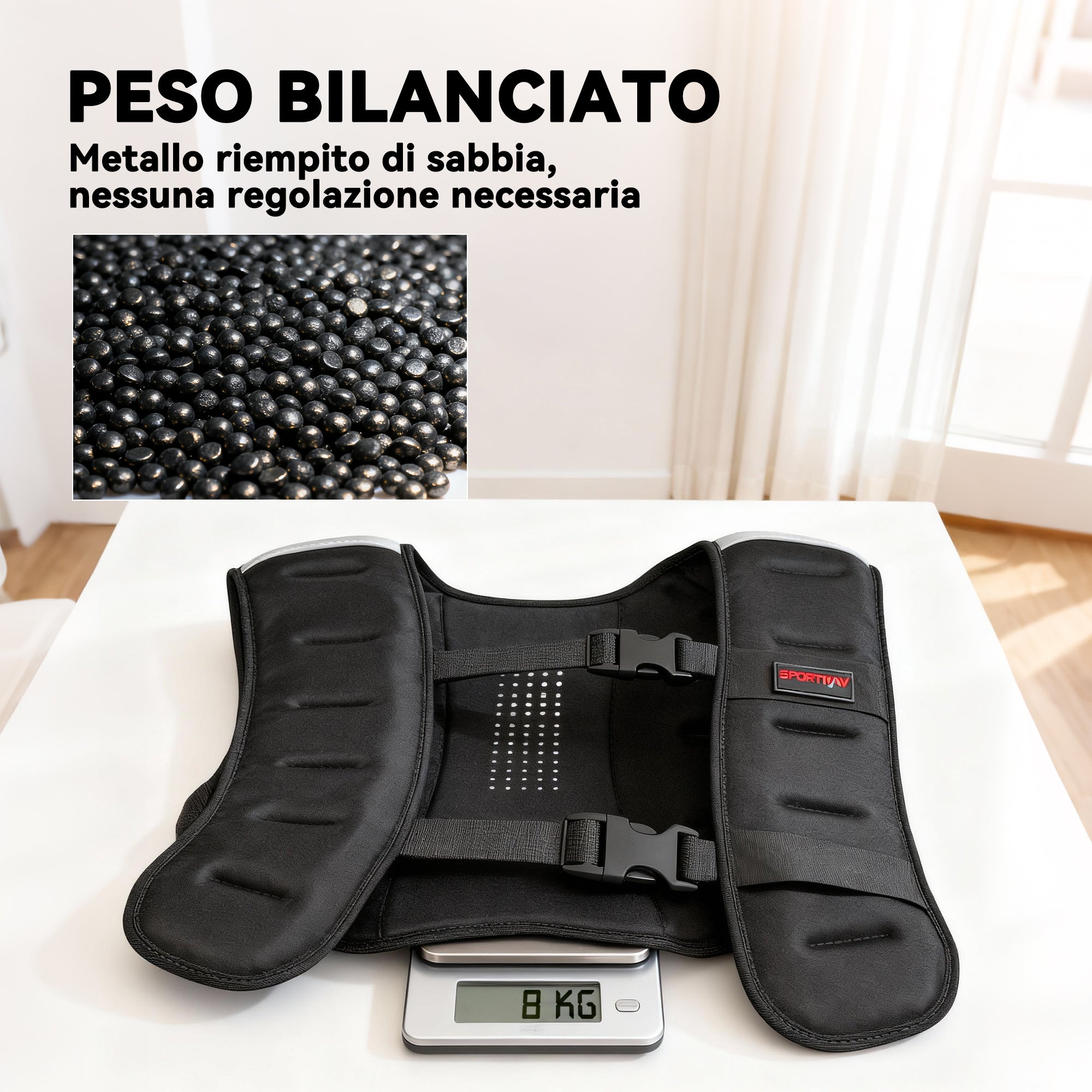 Giubbotto Zavorrato 8 kg con Cinghie Regolabili e Strisce Riflettenti 43x33 cm in Neoprene e Sabbia Nero