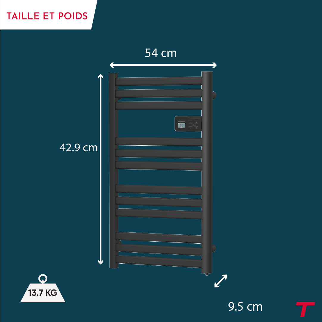 Scaldasalviette elettrico Thomson senza fluido, connesso al WiFi, con ventola da 500 W, nero cosmo