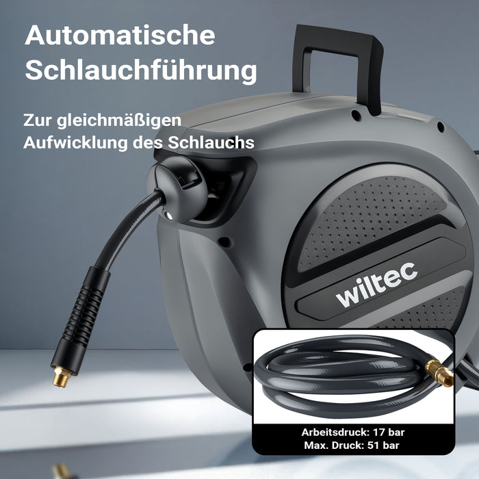 Avvolgitubo automatico per aria compressa 15 m, avvolgitubo in acciaio, 17 bar, con supporto girevole a 180°