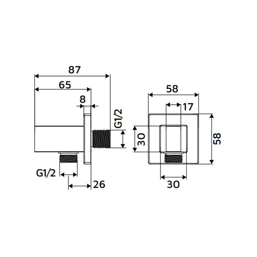 Presa acqua quadrata con supporto doccino in ottone color rame lucido