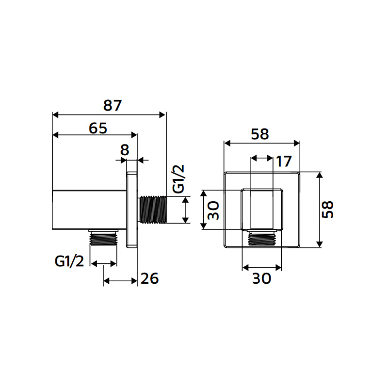 Presa acqua quadrata con supporto doccino in ottone color rame lucido