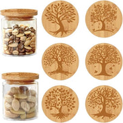 Bambù in legno coperture per vasetti di yogurt e conserve con disegno di albero della vita - Coperture riciclabili naturali decorative con anelli di silicone a tenuta di aria - Set da 6 pezzi