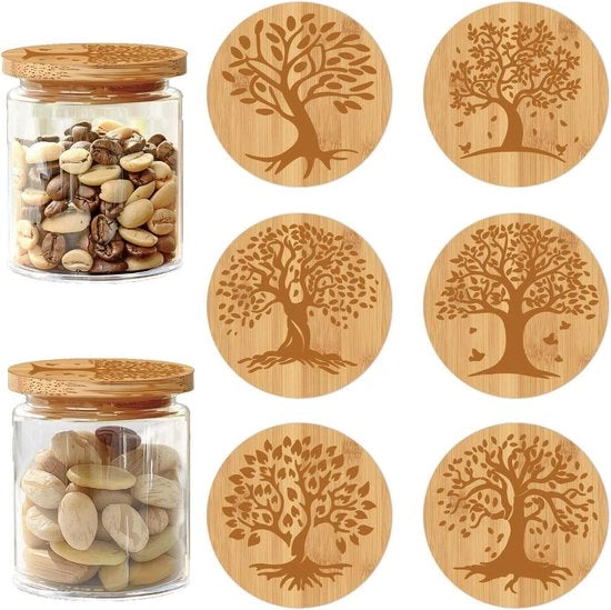 Bambù in legno coperture per vasetti di yogurt e conserve con disegno di albero della vita - Coperture riciclabili naturali decorative con anelli di silicone a tenuta di aria - Set da 6 pezzi
