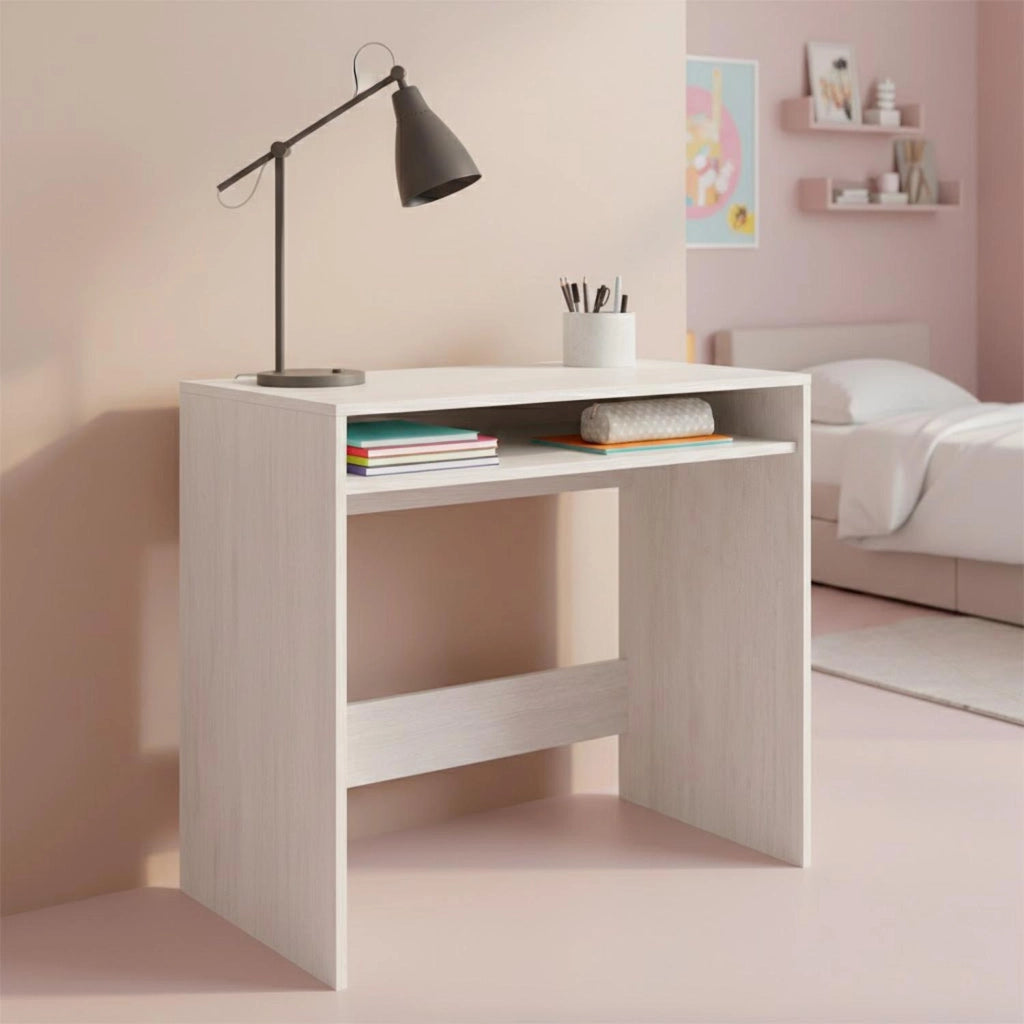 Scrivania Da Studio Compatta Con Vano Portaoggetti Integrato Design Moderno Per Home Office Cameretta E Smart Working 79 X 43 X 78 Cm Bianco Frassino