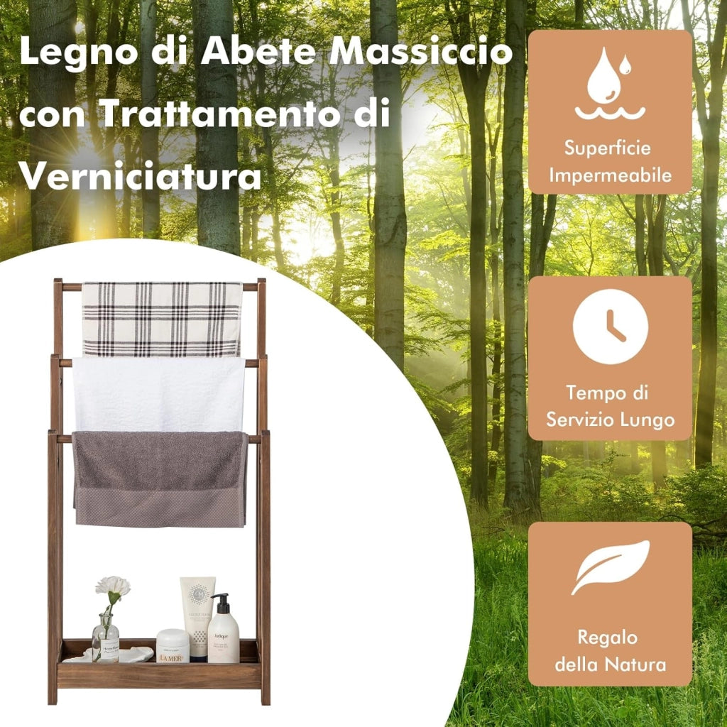 Portasciugamani in Legno da Terra, Porta Asciugamani a 3 Livelli con Mensola Inferiore, Dispositivo Anti-Ribaltamento, Supporto Leggero per Asciugamani da Bagno e Stanza Lavanderia (Marrone)