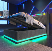 Letto singolo 90x200 cm in lino grigio con LED; USB e contenitore idraulico
