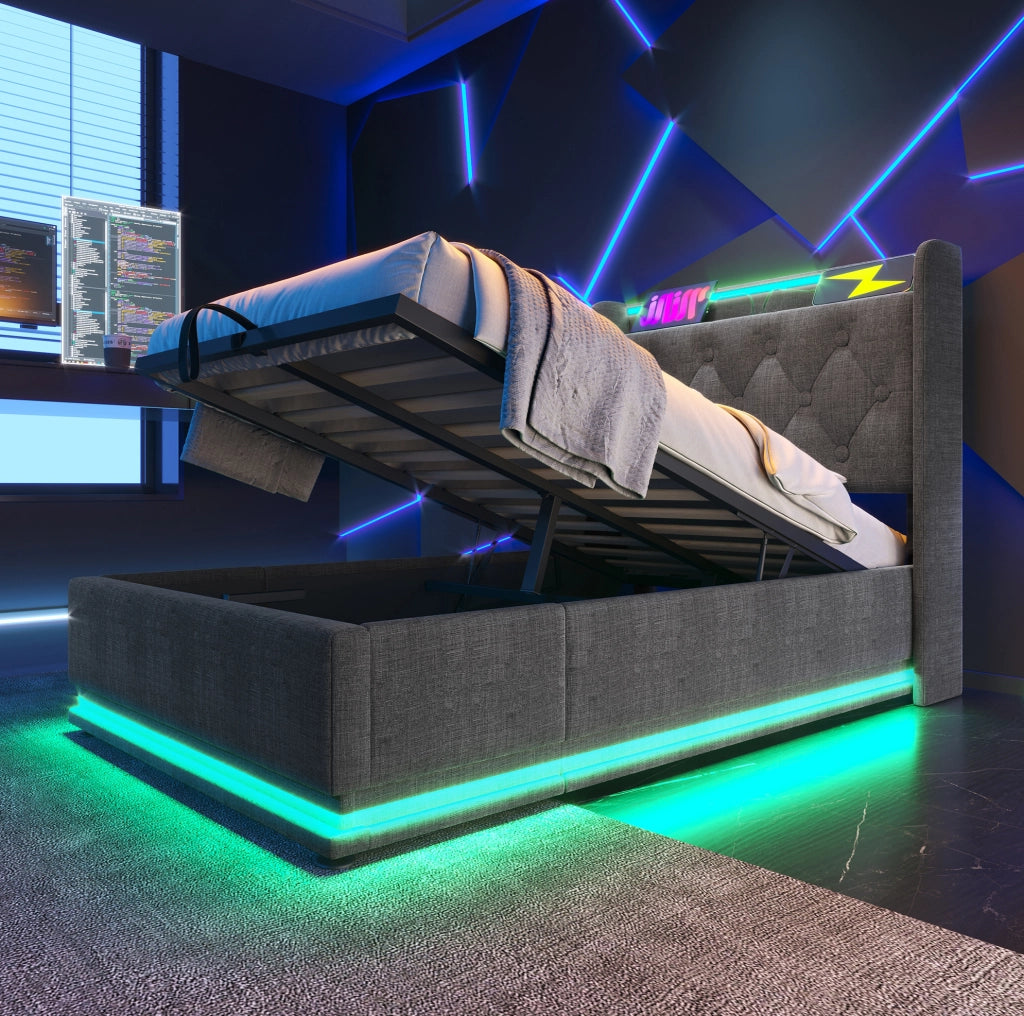 Letto singolo 90x200 cm in lino grigio con LED; USB e contenitore idraulico
